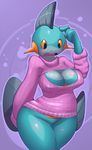  2014 anthro anthrofied big_breasts blush bottomless breasts cleavage clothed clothing elpatrixf female half-dressed keyhole_turtleneck marshtomp nintendo open_mouth pok&eacute;mon pok&eacute;morph pussy solo standing sweater video_games wide_hips 