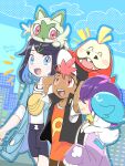  1boy 2girls baseball_cap black_hair black_hat black_jacket black_shoes blue_eyes commentary_request dot_(pokemon) fanny_pack fuecoco grin hair_over_eyes hat highres jacket liko_(pokemon) multiple_girls on_head open_mouth orange_shirt pokemon pokemon_(anime) pokemon_(creature) pokemon_horizons pokemon_on_head purple_hair quaxly reverse_trap runachikku shirt shoes short_hair smile sprigatito white_shirt 