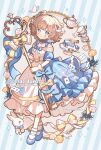  1girl blonde_hair blue_bow blue_dress blue_eyes blue_shoes blush bow bug butterfly cake card checkerboard_cookie closed_mouth commentary commission cookie crescent_choker cup dress dress_bow flower food fork frilled_dress frills full_body gloves gown holding holding_scepter hoshifuru_akiyo mary_janes medium_hair original plaid_clothes plaid_dress playing_card pocket_watch princess puffy_short_sleeves puffy_sleeves rose scepter shoes short_sleeves skeb_commission smile socks solo sparkle teacup teapot twitter_username two-tone_dress watch watermark white_dress white_flower white_gloves white_rabbit_(animal) white_rose white_socks yellow_bow yellow_flower yellow_rose 