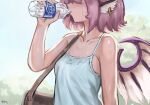  103anon 1girl alternate_costume animal_ear_earrings animal_ears bag bird_ears bird_wings bottle breasts collarbone drinking english_commentary eyes_out_of_frame head_out_of_frame highres holding holding_bottle medium_hair mystia_lorelei outdoors pink_hair shoulder_bag small_breasts solo sweat sweatdrop tank_top touhou water_bottle white_tank_top wings 