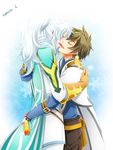  brown_hair closed_eyes couple haruto.s highres imminent_kiss long_hair male_focus mikleo_(tales) multiple_boys ponytail smile sorey_(tales) spoilers tales_of_(series) tales_of_zestiria white_hair yaoi 