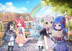  4girls :/ :o =_= ahoge akino_min backpack bag barrel bird black_boots black_bow black_bowtie black_capelet black_shirt blue_eyes blue_flower blue_gloves blue_hair blue_shorts blue_sky blue_socks blurry boots bow bow_shorts bowtie braid brick_floor brown_bag building buttons capelet chimney clock clock_tower closed_mouth cloud commentary_request cross cup day depth_of_field double-breasted double-parted_bangs dress drinking drinking_straw elbow_gloves european_architecture falling_petals finger_to_mouth flower footwear_bow fountain frilled_skirt frilled_sleeves frills gloves green_eyes hair_bow hair_bun hair_flower hair_ornament hairclip half_crown_braid hand_on_own_leg handbag heterochromia highres holding holding_cup holding_scroll knee_boots kneehighs knees_together_feet_apart lace-up_boots lamppost latin_cross leaning_forward long_hair looking_at_object low_twintails medium_hair multiple_girls neckerchief off-shoulder_dress off_shoulder open_mouth original partially_fingerless_gloves pennant petals pink_dress pointy_ears rainbow red_bow red_eyes red_flower red_hair red_neckerchief red_petals scroll shirt shirt_under_dress short_dress short_hair short_twintails shorts shoulder_bag sidelocks single_hair_bun skirt skirt_bow sky sleeves_past_wrists socks standing striped_bow suspender_shorts suspenders tareme thighhighs tower town tree twintails very_long_hair waist_bow water watermark wavy_hair white_bird white_dress white_flower white_hair white_petals white_shirt white_skirt white_thighhighs window x_hair_ornament zettai_ryouiki 