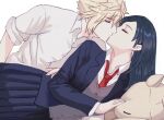  1boy 1girl black_hair blonde_hair blue_jacket blue_sky chocobo closed_eyes cloud_strife commentary_request couple earrings final_fantasy final_fantasy_vii grey_vest hetero jacket jewelry kiss long_hair loose_necktie lurowono lying necktie on_side pleated_skirt red_necktie school_uniform shirt skirt sky spiked_hair stuffed_toy teardrop_earrings tifa_lockhart upper_body vest white_shirt wing_collar 