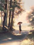  1girl backpack bag black_bag black_hair black_shoes black_skirt black_socks commentary_request dappled_sunlight day dirt_road facing_away from_behind harucoro25 highres holding holding_umbrella medium_hair mountainous_horizon original outdoors pleated_skirt red_umbrella road school_uniform shirt shoes short_sleeves skirt socks solo sunlight tree umbrella walking white_shirt wide_shot 