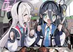  2girls :d absurdres aqua_eyes aqua_necktie aris_(blue_archive) black_hairband black_jacket blazer blue_archive clenched_hands closed_eyes collared_shirt drooling excited facing_another food food_request fork fried_egg grey_hair hairband halo highres holding holding_fork holding_knife indoors jacket kei_(blue_archive) kei_(student)_(blue_archive) knife long_hair long_sleeves mouth_drool multicolored_jacket multiple_girls necktie one_side_up open_clothes open_jacket open_mouth pink_halo profile restaurant school_uniform shirt sideways_mouth slice_of_life smile sparkle straight_hair thomason366 two-tone_jacket v-shaped_eyebrows white_shirt 