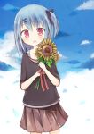  1girl amakaze_sora black_bow black_shirt blue_hair blue_sky blush bow brown_skirt cloud collarbone comiket_84 commentary_request cowboy_shot day flower hair_between_eyes hair_bow hair_ornament hairclip holding holding_flower one_side_up open_mouth original pink_eyes pleated_skirt shirt short_sleeves skirt sky solo sunflower yellow_flower 