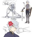  1boy arm_support armor armored_boots blush boots brown_eyes closed_mouth fate/grand_order fate_(series) flower galahad_(fate) grand_dobu hair_flower hair_ornament hair_over_one_eye highres lavender_hair male_focus shield solo training yellow_eyes 