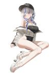  1girl absurdres andud_14_(yh) aokumo_rin bare_legs baseball_cap black_hat black_one-piece_swimsuit black_ribbon blue_eyes blue_hair blush braid breasts closed_mouth colored_eyelashes commentary covered_navel feet grey_hair grey_jacket hair_over_shoulder hair_ribbon hat head_tilt high_heel_sandals high_heels highleg highleg_one-piece_swimsuit highres jacket large_breasts legs long_hair long_sleeves looking_at_viewer low_twin_braids multicolored_hair off_shoulder one-piece_swimsuit partially_unzipped puffy_long_sleeves puffy_sleeves ribbon sandals simple_background sitting skindentation sleeves_past_wrists solo stellive streaked_hair swimsuit thick_eyelashes toes twin_braids two-tone_hair virtual_youtuber white_background white_sandals yokozuwari zipper_pull_tab 