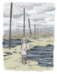  1girl blonde_hair cable cloud dress hat highres mechanical_legs nurse_cap nurse_robot_type_t outdoors overcast power_lines sky sleeveless sleeveless_dress solo standing utau w0_0ny_chloe white_dress 