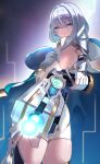  1girl absurdres armor armpits blue_cape blue_eyes blue_hair bodysuit breasts cape clothing_cutout commentary_request dreizehn_(shadowverse) dual_wielding from_behind from_below gloves gun hair_over_one_eye highres hip_armor holding holding_gun holding_weapon hood hooded_cape large_breasts looking_at_viewer shadowverse shadowverse:_worlds_beyond short_hair shoulder_armor side_cutout solo teasan two-sided_cape two-sided_fabric weapon white_gloves 