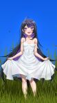  ahoge bare_shoulders black_hair blunt_bangs blush breasts chromashift commentary dress earrings field grass highres holding_own_dress jewelry long_hair loose_hair_strand open_mouth purple_eyes purple_hair roca_rourin small_breasts solo tall_grass twrlare untranslatable_commentary white_dress 