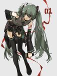  1girl aqua_hair bare_shoulders bent_over blue_eyes chouti_ttt commentary detached_sleeves full_body hair_between_eyes hair_ornament hand_on_own_hip hatsune_miku highres holding jacket long_hair microphone necktie shirt simple_background skirt sleeveless sleeveless_shirt solo standing thighhighs twintails untranslatable_commentary unworn_jacket very_long_hair vocaloid white_background 