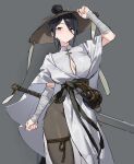  1girl absurdres adjusting_clothes adjusting_headwear bandaged_arm bandages belt black_belt black_hair breasts center_opening chinese_hairpin commentary covered_groin cowboy_shot dress gebijiade_89 grey_background hair_bun hair_ornament hair_stick hat highres jingasa large_breasts looking_at_viewer original pants parted_bangs parted_lips rope_thighlet sidelocks solo sword sword_on_back taut_clothes taut_pants weapon weapon_on_back white_dress 