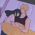  1boy 1girl bed black_hair black_shirt blanket blonde_hair carly_nagisa closed_eyes commentary_request highres ishinonono jack_atlas long_hair on_bed pillow pink_shirt shirt sleeping yu-gi-oh! yu-gi-oh!_5d's 