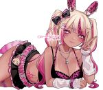  1girl aegyo_sal animal_charm animal_ear_piercing animal_ears animal_print arm_warmers artist_name bare_shoulders bead_bracelet bead_necklace beads belt black_bow black_skirt black_tank_top blonde_hair blunt_bangs blush bow bra bracelet breasts charm_(object) cleavage closed_mouth collarbone commentary_request commission cowboy_shot crescent crescent_hair_ornament cropped_shirt cross cross_necklace dark-skinned_female dark_skin dot_nose ear_piercing eyelashes fang gyaru hair_bow hair_ornament hairclip hand_up heart heart-shaped_pupils highres indie_virtual_youtuber jewelry large_breasts leopard_print leopard_print_bra lewnabun lips long_hair looking_at_viewer lying midriff miniskirt mole mole_on_breast mole_on_stomach mole_under_eye multicolored_hair multiple_bracelets navel necklace on_side oysi_mysi panties panty_peek parallel_hairclips piercing pink_belt pink_bra pink_eyes pink_hair pink_nails pink_tail print_bra rabbit_charm rabbit_ears rabbit_tail sidelocks signature simple_background skeb_commission skin_fang skirt smile solo stomach_tattoo symbol-shaped_pupils tail tan tank_top tanlines tattoo thigh_belt thigh_strap twintails two-tone_hair underwear v virtual_youtuber white_arm_warmers white_background 