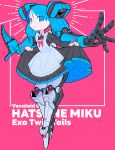  1girl absurdres apron arms_on_head black_dress blue_eyes blue_hair bow closed_mouth clothes_lift collared_dress cross-laced_clothes cross-laced_top curtsey cyborg dot_mouth dress emphasis_lines english_text extra_arms frilled_apron frilled_dress frills hatsune_miku highres iwako_(eiken3kyuboy) juliet_sleeves light_blush long_sleeves looking_at_viewer maid maid_apron mecha_musume mechanical_arms mechanical_hair mechanical_legs petticoat pink_background pink_bow puffy_sleeves skirt skirt_lift vocaloid 