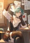  1boy ahoge arm_up belt belt_collar black_belt black_gloves blue_gloves bulletin_board buttons chair choker collar collarbone collared_shirt commentary_request crossed_bangs crossed_legs double-parted_bangs expressionless fingerless_gloves genshin_impact gloves green_hair hair_between_eyes hair_intakes highres holding holding_paper lapels lohen_(genshin_impact) lohen_(standardized_test)_(genshin_impact) male_focus mole mole_under_eye multicolored_eyes multicolored_gloves official_alternate_costume open_collar pants paper pinstripe_pattern pinstripe_vest pocket shirt short_hair sitting solo table tanemaki_monaka twitter_username two-tone_gloves vest waistcoat white_pants white_shirt 