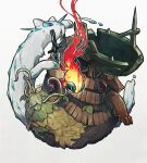  artist_name blue_sclera chi-yu_(pokemon) chien-pao colored_sclera commentary_request highres leaf narrowed_eyes no_humans odo_7ta orange_sclera outline pokemon pokemon_(creature) pokemon_focus red_sclera signature simple_background ting-lu v-shaped_eyes white_background white_eyes white_outline wo-chien 