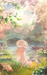  1girl artist_name blue_sky boat bow bridge bug butterfly camellia cloud day dress falling_petals floating_hair flower from_behind garden grass hat hat_bow hat_flower highres kana_ying leaf light_particles light_rays lily_pad long_dress nikki_(series) oar outdoors pavilion petals pink_bow pink_dress pink_flower river shining_nikki sitting sky solo spring_(season) stylist_(nikki) sun_hat tree_stump watercraft watermark white_butterfly white_hat yellow_flower 