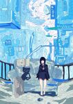  1girl absurdres bare_legs barefoot black_eyes black_hair black_sailor_collar black_serafuku black_shirt black_skirt commentary couch fish flat_color full_body hato_(n_hat_mu) highres ligne_claire long_sleeves looking_at_viewer medium_hair neckerchief original pleated_skirt railing sailor_collar school_uniform serafuku shirt shoes sitting skirt solo stairs stuffed_animal stuffed_toy teddy_bear town water wide_shot 