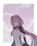  185chu 1girl black_shrug border breasts cleavage corset elf elysia_(honkai_impact) elysia_(miss_pink_elf)_(honkai_impact) hair_ornament highres honkai_(series) honkai_impact_3rd large_breasts long_hair looking_at_viewer pink_hair pointy_ears purple_sky shrug_(clothing) sky smile solo very_long_hair white_border white_corset 