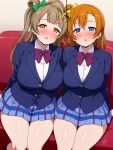  2girls :o absurdres alternate_breast_size_(larger) anime_coloring blazer blue_eyes blue_jacket blue_skirt blush bow bowtie breasts brown_eyes brown_hair coin collared_shirt commentary_request couch diagonal-striped_bow diagonal-striped_bowtie diagonal-striped_clothes green_bow hair_bow hair_rings highres holed_coin hypnosis impossible_clothes impossible_jacket indoors jacket kosaka_honoka large_breasts long_hair long_sleeves looking_at_viewer love_live! love_live!_school_idol_project medium_hair mei_ichi minami_kotori mind_control miniskirt multiple_girls on_couch open_mouth orange_hair otonokizaka_school_uniform pendulum plaid_clothes plaid_skirt pleated_skirt red_bow red_bowtie school_uniform shirt side-by-side sidelocks sitting skirt striped_bow striped_bowtie striped_clothes thighs white_shirt winter_uniform yellow_bow 