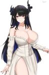  1girl artist_name asymmetrical_horns bare_shoulders black_hair black_horns black_nails blue_hair breasts cleavage closed_mouth collarbone colored_inner_hair commentary dress english_commentary frilled_dress frills hair_between_eyes highres hololive hololive_english horns large_breasts long_hair long_sleeves looking_at_viewer mismatched_horns mole mole_under_eye multicolored_hair nail_polish nerissa_ravencroft off-shoulder_dress off_shoulder red_eyes senpaisif sidelocks simple_background slit_pupils smile solo standing thighs very_long_hair virtual_youtuber white_background white_dress 