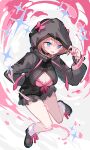  1girl absurdres arm_behind_back arm_up black_jacket black_shoes blonde_hair blue_eyes bow breasts cleavage commission fang fingernails full_body hand_on_headwear highres hood hood_up hooded_jacket jacket knees_together_feet_apart long_fingernails long_sleeves medium_breasts multicolored_hair nail_polish open_mouth original osisio pink_bow pink_hair pink_nails pixiv_commission puffy_long_sleeves puffy_sleeves shoes solo spade_(shape) sparkle streaked_hair 