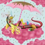  2014 apple bat_pony chocolate chocolate_rain cloud cotton_candy cutie_mark discord_(mlp) draconequus duo fangs female feral flutterbat_(mlp) fluttershy_(mlp) friendship_is_magic fruit hair male membranous_wings my_little_pony pink_hair raining red_eyes swanlullaby tongue tongue_out umbrella vampire wings 