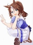  1girl animal_ears blue_eyes blush bow bowtie breasts brown_hair brown_shoes commentary_request hair_between_eyes highres horse_ears horse_girl horse_tail long_hair looking_at_viewer mejiro_palmer_(umamusume) mia_umauma multicolored_hair open_mouth pleated_skirt ponytail puffy_short_sleeves puffy_sleeves purple_bow purple_bowtie purple_shirt sailor_collar sailor_shirt school_uniform shirt shoes short_sleeves simple_background skirt smile solo squatting streaked_hair summer_uniform tail thighhighs tracen_school_uniform umamusume v white_background white_hair white_sailor_collar white_skirt white_thighhighs 