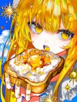  1girl artist_name blonde_hair blue_background bread bread_slice choker cloud colored_tongue commentary cropped_shoulders english_commentary food fried_egg fried_egg_on_toast hair_between_eyes hand_up highres holding holding_bread holding_food hyatsu jewelry long_hair looking_at_viewer nail_polish open_mouth original ring shirt signature solo teeth toast upper_teeth_only white_choker white_shirt yellow_eyes yellow_nails yellow_tongue 