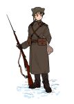 1girl animal_ear_helmet animal_ears animal_helmet bandolier bayonet belt belt_pouch black_hair blush_stickers bolt_action boots braid brown_eyes cat_ears cat_girl cat_helmet coat cold english_commentary full_body gun gun_sling highres holding holding_gun holding_gun_barrel holding_weapon looking_to_the_side maykitz military_uniform mosin-nagant multicolored_hair orange_hair original paw_print pouch rifle snow solo steam_from_mouth strap trench_coat weapon white_hair 
