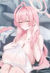  1girl ahoge bare_shoulders blue_archive blush breasts cleavage collarbone commentary_request green_eyes hair_between_eyes halo hanako_(blue_archive) highres huge_ahoge huge_breasts long_hair looking_at_viewer maruneco naked_towel nude onsen partially_submerged pink_hair pink_halo smile solo towel very_long_hair 