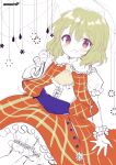  1girl :d amo_(shibu3) ascot commentary_request frilled_shirt_collar frills green_hair highres holding holding_umbrella kazami_yuuka looking_at_viewer open_mouth plaid_clothes plaid_skirt plaid_vest puffy_short_sleeves puffy_sleeves red_eyes red_skirt red_vest shirt short_hair short_sleeves skirt smile solo touhou umbrella vest white_background white_shirt wrist_cuffs yellow_ascot 