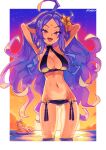 2girls abigail_williams_(fate) abigail_williams_(swimsuit_foreigner)_(third_ascension)_(fate) absurdres afloat ahoge bikini black_bikini blonde_hair border breasts commentary english_commentary fate/grand_order fate_(series) flower gradient_sky hair_flower hair_ornament highres huge_ahoge innertube kaibootsu large_breasts long_hair looking_at_viewer multiple_girls navel ocean purple_eyes purple_hair sky solo_focus stomach sunset swim_ring swimsuit thighs very_long_hair wading white_border wu_zetian_(fate) wu_zetian_(swimsuit_caster)_(fate) wu_zetian_(swimsuit_caster)_(third_ascension)_(fate) 