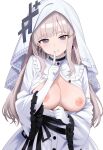  1girl breasts breasts_out closed_mouth commentary_request finger_to_mouth gloves highres hikami_meruru large_breasts long_hair looking_at_viewer mahou_shoujo_no_majo_saiban no_bra nun oh24478664 partially_unbuttoned shushing smile solo unbuttoned unbuttoned_shirt white_gloves 