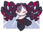  1girl :p artist_logo asymmetrical_bangs bare_shoulders black_shirt breasts cropped_torso cross-laced_clothes cross-laced_top cyborg grey_background grey_hair half-closed_eyes hand_on_own_hip highres iwako_(eiken3kyuboy) logo looking_at_viewer mecha_musume mechanical_hair medium_breasts original red_eyes shirt single_eyebrow smug tongue tongue_out twitter_username two-tone_background white_background 