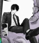  1boy art_program_in_frame chainsaw_man closed_mouth crossed_legs dress_shirt dress_shoes greyscale hair_over_one_eye jacket looking_at_viewer male_focus mole mole_under_mouth monochrome necktie reference_inset shirt shoe_soles shoes short_hair sitting solo suit_jacket suit_pants th3kph0enix white_background yoshida_hirofumi 