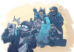  1other 2girls 3boys ^^^ animal_ears arknights black_jacket bunny_ears_prank cat_ears chinese_commentary commentary_request covered_face doctor_(arknights) goggles group_picture helmet highres jacket lop_rabbit_ears multiple_boys multiple_girls nose_bubble rabbit_ears rc4213 reserve_operator_caster_(arknights) reserve_operator_defender_(arknights) reserve_operator_medic_(arknights) reserve_operator_sniper_(arknights) reserve_operator_vanguard_(arknights) rhodes_island_uniform selfie sitting sleeping sleeping_upright thumbs_up v wrapped_in_blanket 