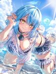  ahoge animal_ears ball beachball bikini bikini_skirt bikini_top_under_shirt bikini_under_clothes black_bikini blue_hair blue_sky blue_streaks blurry blurry_background bow braid breasts buru-dai character_name choker cleavage closed_mouth clothes_writing cloud commentary_request crawling cumulonimbus_cloud day elf frilled_choker frilled_thigh_strap frills hair_bow hand_up heart heart_ahoge hololive large_breasts long_pointy_ears looking_at_viewer medium_hair multicolored_hair outdoors pointy_ears sandals shirt side_braids single_off_shoulder sky smile streaked_hair swimsuit t-shirt thigh_strap virtual_youtuber wet wet_clothes wet_shirt white_bow white_shirt yellow_eyes yukihana_lamy yukihana_lamy_(summer) yukimin_(yukihana_lamy) 