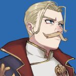  1boy blonde_hair blue_background blue_eyes closed_mouth commentary_request facial_hair highres male_focus military_uniform mustache senridge_norgalle simple_background solo suyansuya yuushakei_ni_shosu 