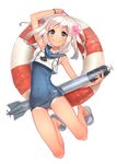  arm_up bare_legs bare_shoulders blonde_hair blue_eyes bracelet crop_top highres holding holding_torpedo innertube jewelry kantai_collection lifebuoy long_hair looking_at_viewer mika_pikazo neckerchief ro-500_(kantai_collection) sailor_collar school_swimsuit simple_background slippers smile solo swimsuit swimsuit_under_clothes tan tanline torpedo white_background 