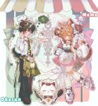  1boy 1girl adjusting_eyewear ahoge alien animal_ear_hairband animal_ears apron ayase_momo bell black_hair black_pants black_shoes breasts brown_eyes brown_hair cat cat_ears cat_girl cat_tail character_name chef_hat chibi cleavage collared_shirt commentary_request crossed_bangs cup dandadan de557777 dessert dog_boy dog_ears dog_tail dress fake_animal_ears food full_body ghost glasses green_apron green_necktie hair_between_eyes hairband hat highres holding holding_knife holding_menu holding_plate holding_spoon inline_skates kemonomimi_mode knife maid_apron maid_headdress medium_breasts medium_hair menu neck_bell necktie open_mouth pants paw_pose pink_dress plate puffy_sleeves rabbit_ear_hairband rabbit_ears red_eyes roller_skates round_eyewear shirt shoes short_hair short_twintails skates smile socks speech_bubble spoon tail takakura_ken_(dandadan) teacup thick_eyebrows thought_bubble turbo_granny_(dandadan) twintails white_hair white_shirt white_socks 