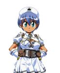  1girl angry blue_hair breasts cleavage cleavage_cutout closed_mouth clothing_cutout collared_dress corset cowboy_shot dark-skinned_female dark_skin dress game_asset gloves green_eyes hair_between_eyes hands_on_own_hips hat large_breasts large_variant_set lowres manjuverunu_no_sen_otome non-web_source nurse nurse_cap official_art puffy_short_sleeves puffy_sleeves sally_merci_(manjuverunu) self-datamine short_dress short_hair short_sleeves simple_background siubomanjyu solo stethoscope tachi-e transparent_background v-shaped_eyebrows variant_set white_dress white_gloves white_hat 