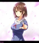  artist_name bangs blush brown_hair collarbone isshiki_(ffmania7) katou_megumi long_sleeves looking_at_viewer petals pointing saenai_heroine_no_sodatekata school_uniform short_hair smile solo yellow_eyes 