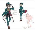  1boy arm_up brown_shoes character_name closed_mouth commentary_request cup ear_piercing from_behind gloves green_hair green_hat green_jacket hair_between_eyes hat highres hosato_mikine jacket looking_at_viewer male_focus neck_ribbon official_art piercing project_grimms red_shoes red_vest ribbon shoes short_hair socks spilling standing teacup top_hat translation_request vest white_gloves white_socks 