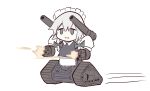  1girl abichan123456 apron blue_eyes bow braid caterpillar_tracks firing full_body gatling_gun green_bow grey_hair gundam guntank hair_bow highres izayoi_sakuya long_hair maid_headdress mechanization mobile_suit_gundam shoulder_cannon smile solo touhou twin_braids waist_apron 