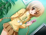  1girl arm_behind_back brown_eyes brown_hair brown_skirt cellphone clover_point dutch_angle flip_phone frills game_asset hinata_miori holding holding_phone indoors light_smile long_sleeves looking_at_viewer miniskirt non-web_source official_art open_mouth phone pleated_skirt shirt skirt solo turtleneck yellow_shirt yuyi 