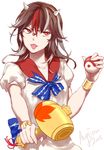  artist_name augetsix bangle black_hair bow bracelet dress horns jewelry kijin_seija long_hair mallet multicolored_hair red_eyes red_hair solo streaked_hair tongue tongue_out touhou upper_body white_hair yin_yang 