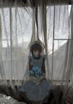  1girl absurdres apron black_hair blue_flower closed_mouth commentary_request curtains flower highres holding holding_flower indoors koukouya looking_down maid maid_apron maid_headdress original scenery see-through_curtains sidelocks sitting solo straight-on wide_shot window 